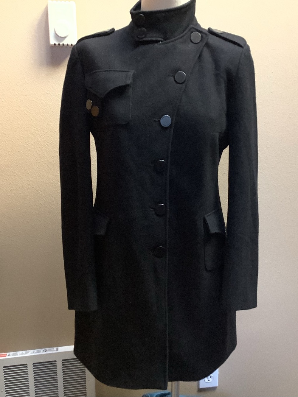 VTG CALVIN KLEIN Black Wool Peacoat Dbl-Breasted Military Standing Collar Sz 6